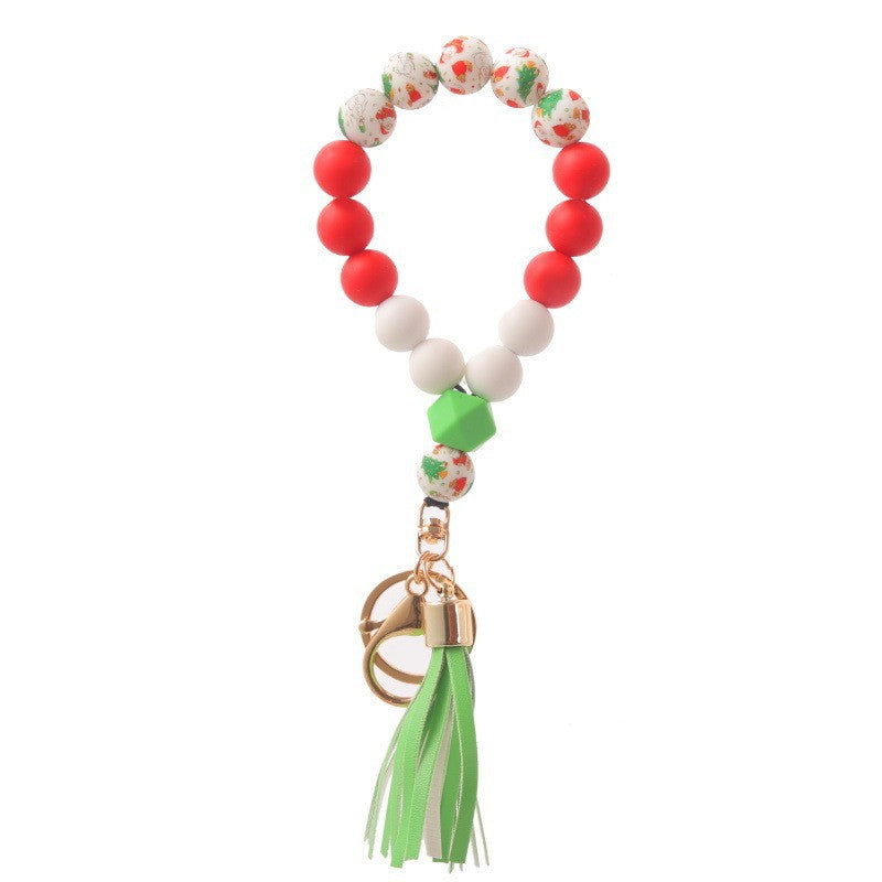 Wholesale Christmas Silicone Beaded Tassel Wrist Keychain